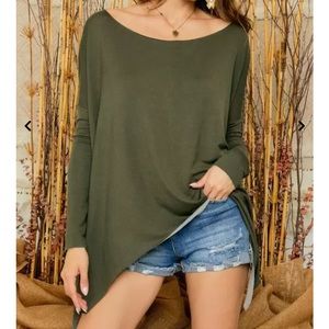 Adora Solid Olive Green Boat Neck Split Side Asymmetrical Long Sleeve Top S M L